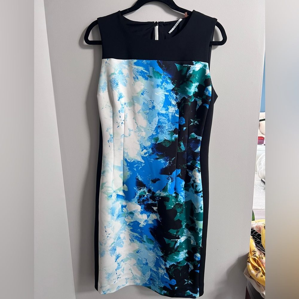 Tahari Blue and White Sheath Midi Dress Sleeveless Crew Neck, Size 10